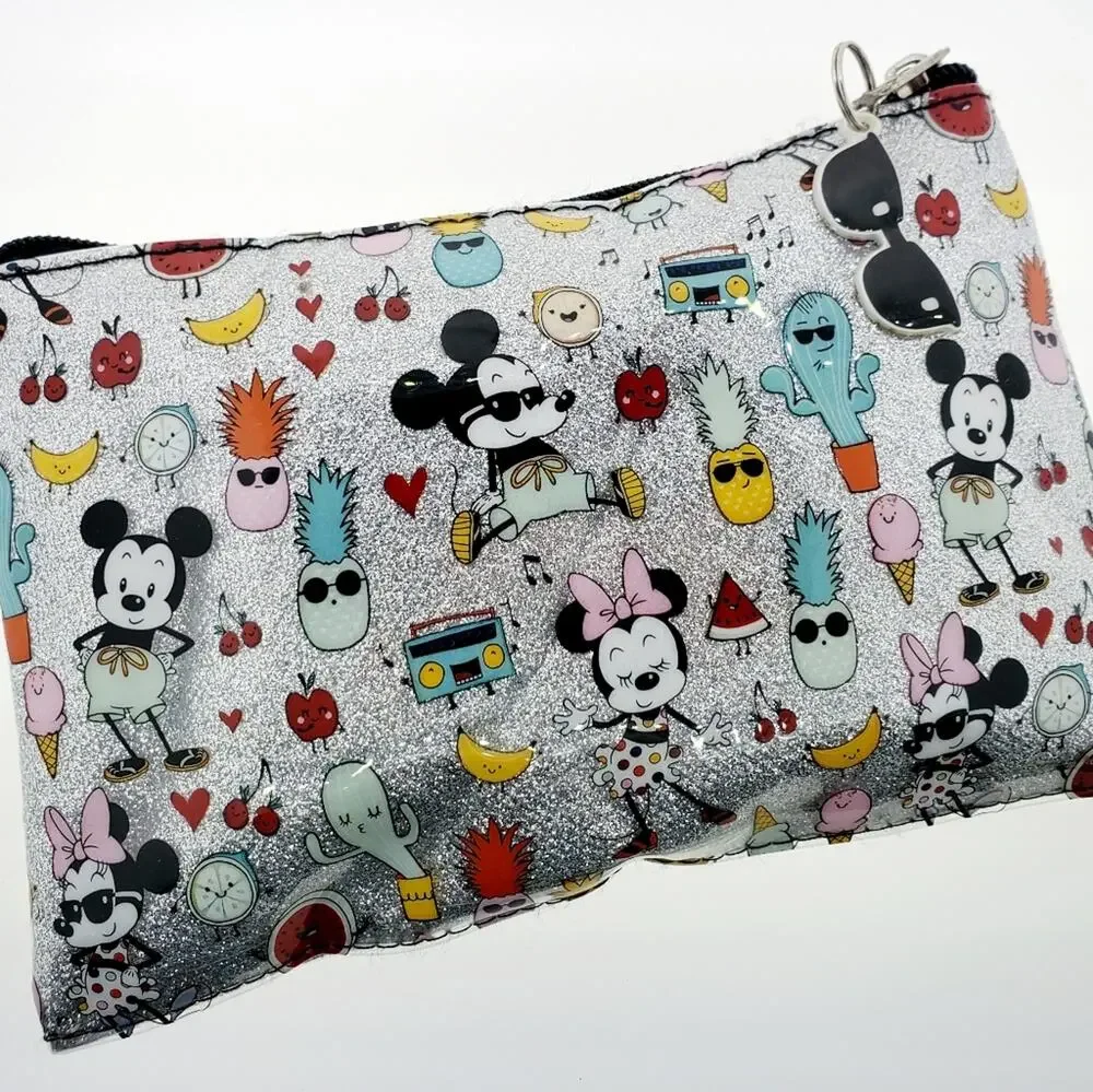 DISNEY Mickey Mouse and Friends zippered silver glittery pouch or bag Size 5x7